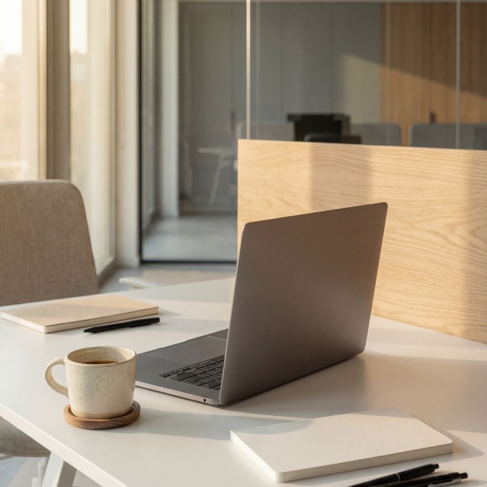 Mesa de trabalho com notebook e uma xícara de café